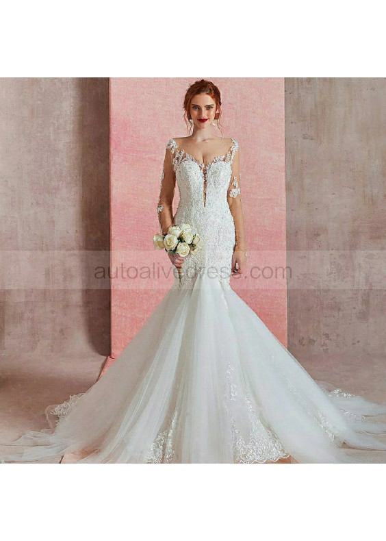 Long Sleeve Beaded Ivory Lace Tulle Wedding Dress